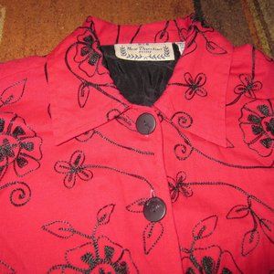 House of Anthropologie Red Cotton Jacket Top Embroidered